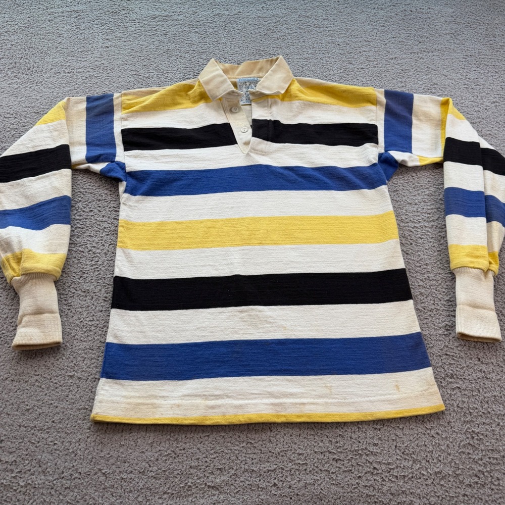Vintage Lands End Rugby Shirt Mens Medium Striped Yellow Blue Made in USA 80s